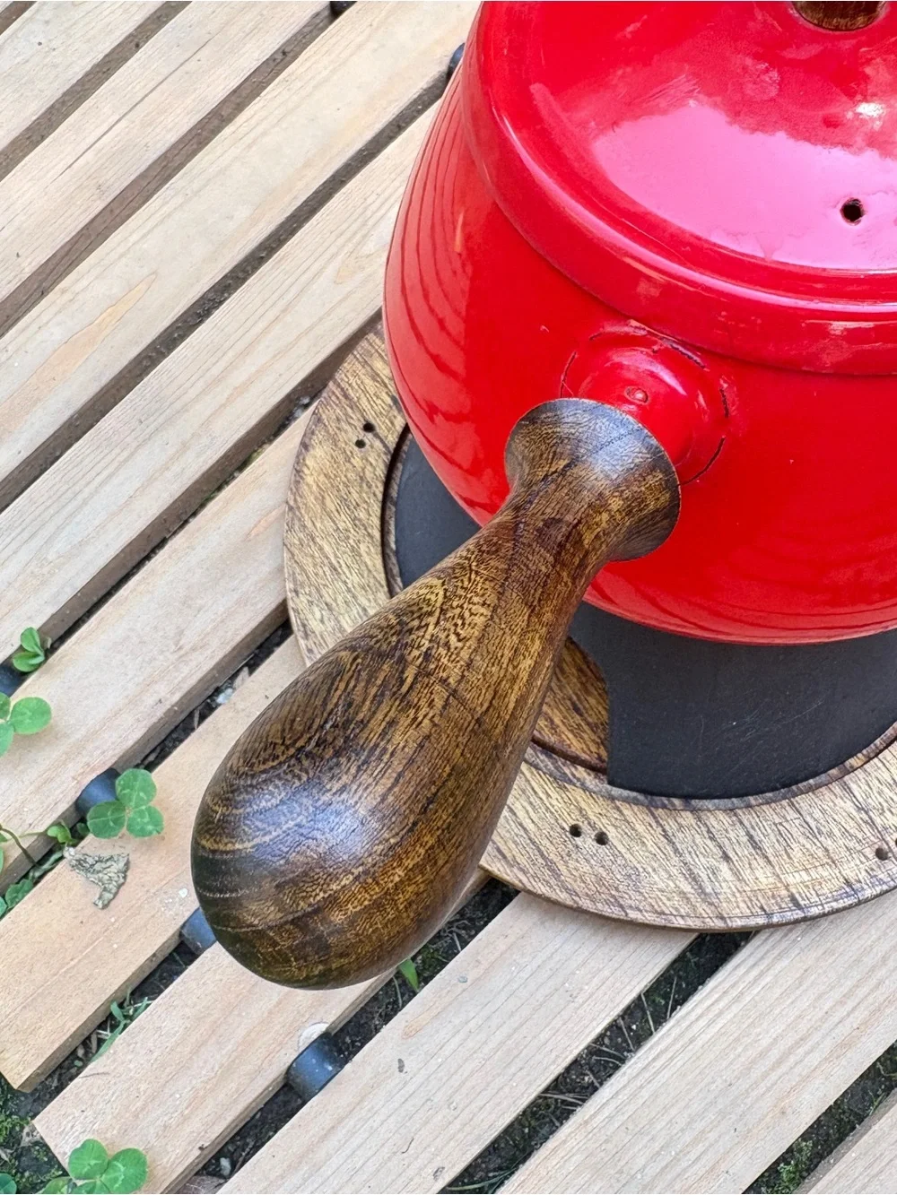 Vintage Japan Red Enamel Fondue Pot Serv Wood Hardwood Base MCM